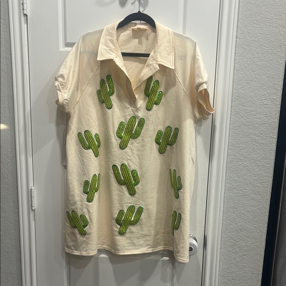 Peach Love Cactus Embroidered T-Shirt Dress